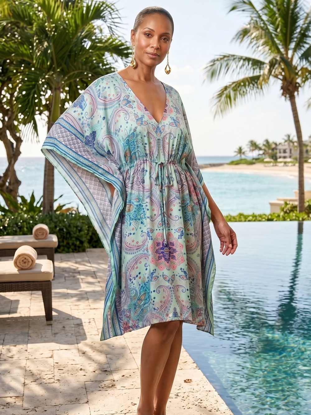Light Blue Paisley V-Neck Swim Coverup/Kaftan 100% Silk Boho